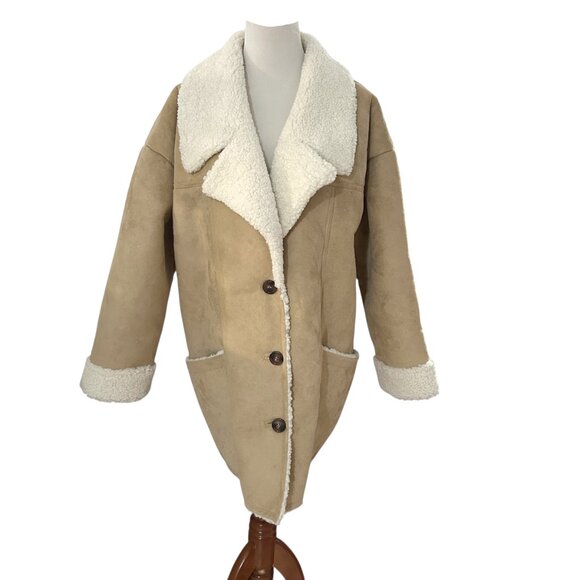 Free People Women's Size M Beige Diogo Sherpa Faux Fur Coat Jacket Ivory Combo - Picture 10 of 11